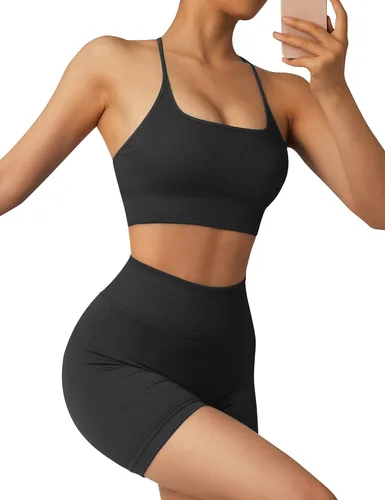 Vista 5 de RXRXCOCO Conjuntos de entrenamiento para mujer, 2 piezas, conjuntos de yoga acanalados, sin costuras, cintura alta, pantalones cortos con brasier