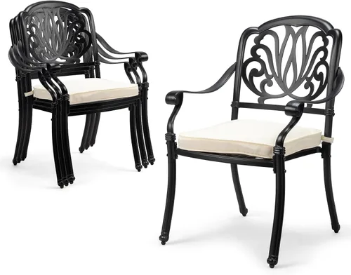 Vista 20 de VINGLI Juego de 2 sillas de patio apilables de aluminio fundido para exteriores con acabado negro vintage y patrón floral, sillones de metal