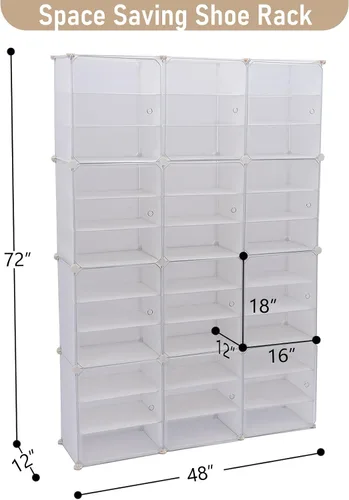 Vista 3 de Zapatero portátil organizador de 72 pares, almacenamiento cerrado de zapatos, organizador de zapatos de plástico blanco con puerta transparente