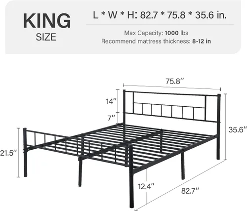 Vista 2 de Base de cama de plataforma de metal, base de colchón King, listones de acero resistente, soporte sin ruido con cabecera y tabla de pie, no necesita