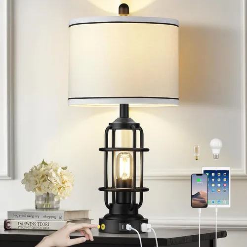 Vista 9 de 26" Modern Lamp for Living Room, Industrial 3-Way Dimmable Beside Table Lamp with USB A+C Charging Ports & AC Outlet, Touch Control Beside Lamp LED