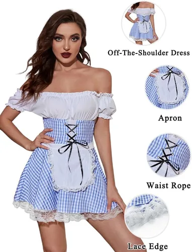 Vista 5 de JMwapar Disfraces de Oktoberfest para mujer, disfraces sexys de Halloween, cosplay, disfraz de sirvienta para cerveza alemana, vestido de Oktoberfest