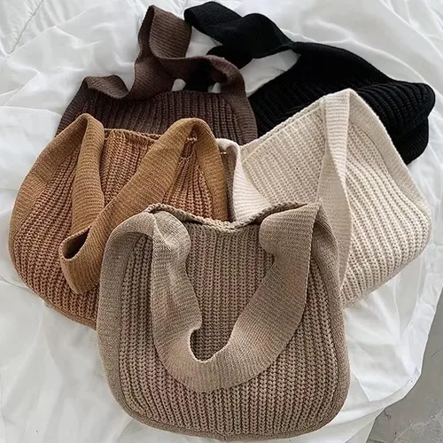 Vista 8 de Womens Knited Tote Bag Shoulder Hobo Crocheted Bag Aesthetic Cute Knit Accessory Handbag for Ladies Black White Brown