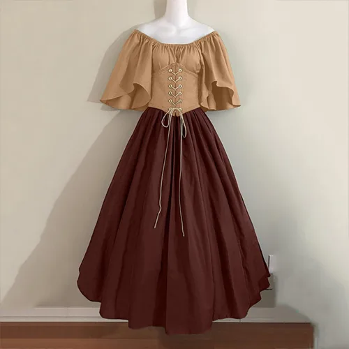 Vista 2 de CRNTCEM Vestido renacentista con cordones para mujer, con hombros descubiertos, corsé, encaje, cosplay, princesa, manga mariposa, vestido de cóctel