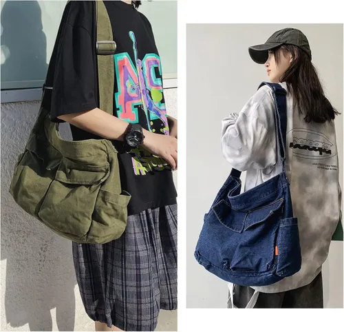 Vista 2 de KlaOYer Bolso bandolera de lona grande tipo hobo para la escuela, bolso bandolera con bolsillo para mujeres y hombres