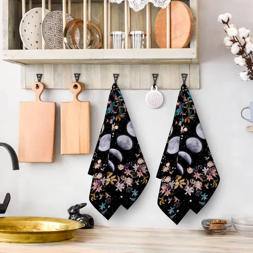 Vista 5 de Toallas de Cocina Bruja Negra Luna Fases de la Luna Boho Floral Botánico Paño de Mano Gótico Bohemio Decoración Floral Regalos 16"x24" Paño