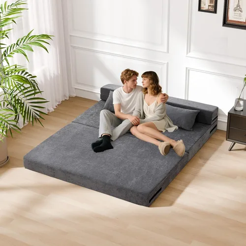 Vista 8 de HOMFINE Sofá cama plegable - Silla cama convertible con cojín, sofá cama plegable, colchón de espuma viscoelástica para piso, sofá futón, sofá