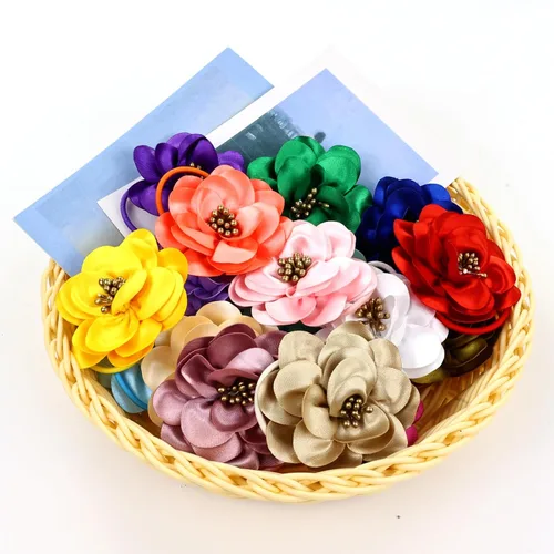 Vista 8 de Cinaci 20 ligas para el cabello con flores de satén sólido de 2.4 pulgadas, bandas elásticas para el cabello, coletas, accesorios para el cabello