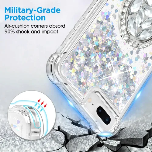 Vista 4 de Funda para iPhone 7 Plus/8 Plus, soporte de anillo con purpurina, funda protectora de TPU transparente a prueba de golpes, patrón de purpurina