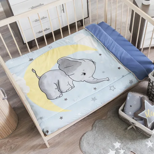 Vista 2 de Bebé Elefante Ropa De Cama Cuna Conjunto De Vivero Niño Azul Luna Para Baby Shower Material: 100 Algodón 4 Piezas