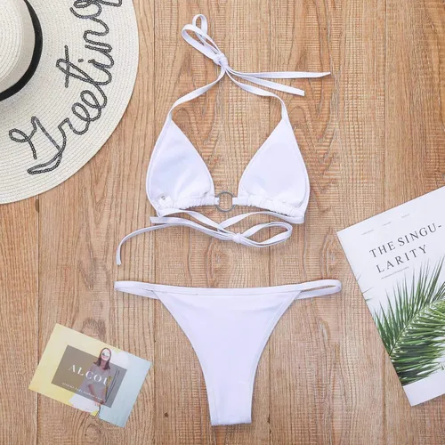 Vista 4 de Olaimisord Traje de baño de dos piezas con diamantes de imitación brillantes para mujer, conjunto de bikini triangular