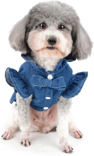 Vista 6 de Zunea Vestidos de arnés de mezclilla para perros pequeños y niñas, chaleco para perro, arnés de princesa con falda con anillo en D, ropa de verano