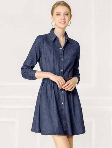 Vista 3 de Allegra K Vestido de mezclilla para mujer, con botones, plisado, acampanado, acampanado