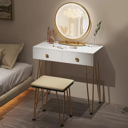 Vista 2 de SDHYL Juego de tocador con espejo y luces, tocador de maquillaje con espejo giratorio circular, tocador blanco con mucho almacenamiento, 3 modos