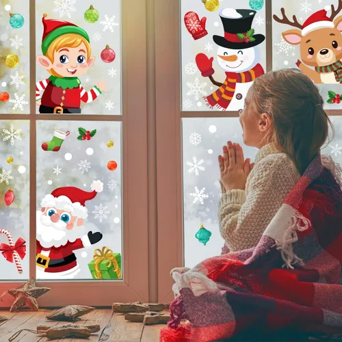 Vista 5 de 72 piezas de calcomanías de Navidad para ventanas de vidrio, calcomanías de copo de nieve de doble cara para ventanas de Navidad, calcomanías