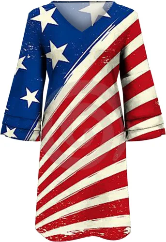 Vista 5 de Vestido de verano para mujer 2023, dulce y lindo cuello en V, manga acampanada, mini vestido suelto de manga 34, vestido floral con vuelo
