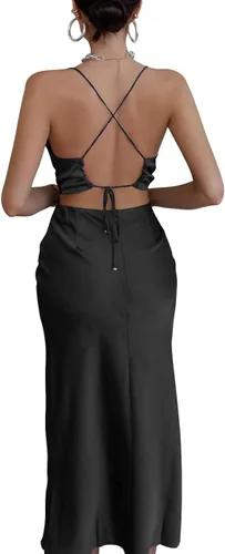 Vista 2 de LYANER Vestido por debajo de la rodilla, de satén, para mujer, con tirantes delgados y sexy, para cóctel