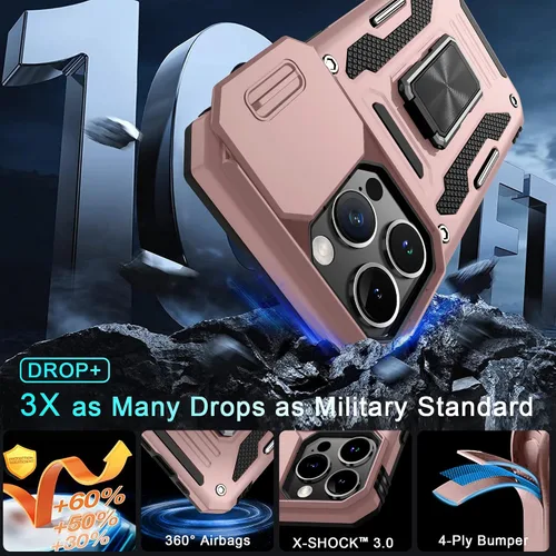 Vista 333 de DEERLAMN Funda para iPhone Xs Max con funda deslizante para cámara + protector de pantalla, soporte giratorio de anillo de grado militar a prueba