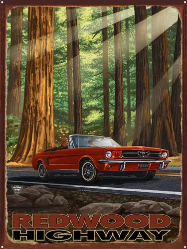 Vista 10 de California Redwoods Highway Mustang In Redwoods - Impresión artística de metal rústico de obras de arte de viaje por el artista Paul A. Lanquist 8.5