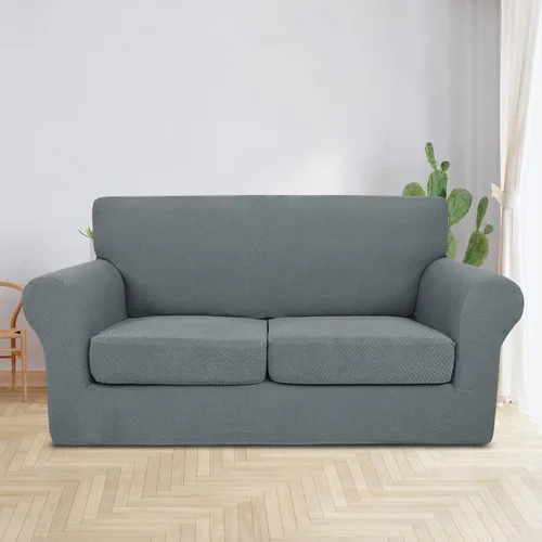 Vista 2 de Jiviner Fundas elásticas para sofá de 3 piezas para sofá de 2 cojines, funda gruesa para sofá biplaza con 2 fundas de cojín para sala de estar, Gris