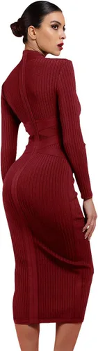 Vista 5 de whoinshop - Vestido de fiesta para mujer, de tela acanalada ceñida con correas cruzadas en la cintura, manga larga, a media pierna, entallado