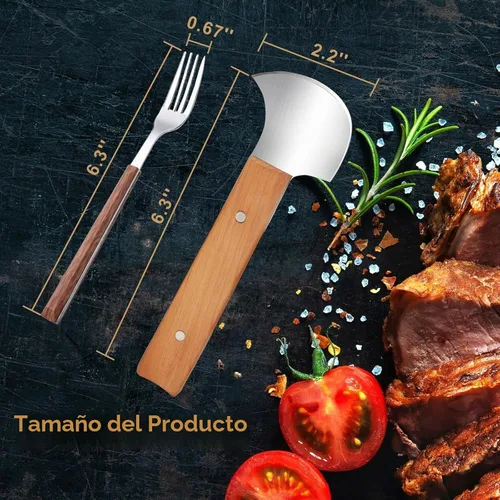 Vista 2 de Cuchillo basculante, cuchillo de carne para cortar carne, juego de hoja curvada y tenedor de acero inoxidable, asas de madera para amantes