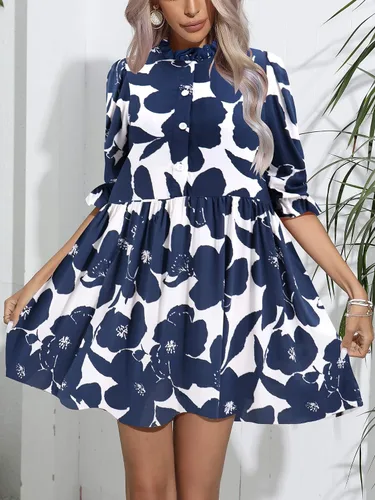 Vista 4 de JECEIKA Vestidos de manga abullonada para mujer 2023 primavera verano con volantes y cuello alto falso floral, mini babydoll con vuelo