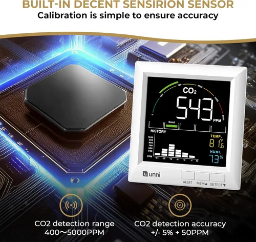 Vista 2 de Monitor de CO2 U UNNI Detector de Dióxido de Carbono para el Hogar, 3 Volumenes Ajustables para Alertas y 3 Retroiluminación Ajustable, Sensor