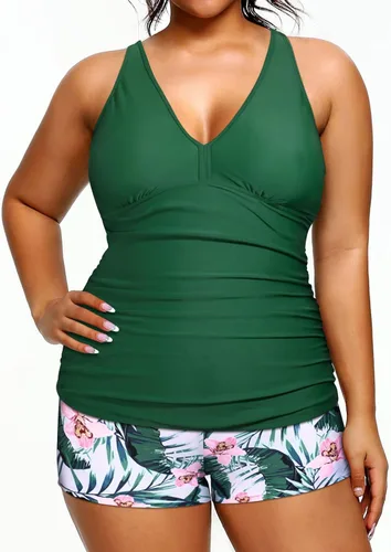 Vista 5 de Yonique Trajes de baño de dos piezas para mujer de talla grande con shorts control de abdomen tankini para adelgazar