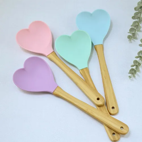 Vista 7 de Espátula en forma de corazón, 4 unidades, cuchara de madera de silicio en forma de corazón, cuchara de cocina para revolver, cuchara de mezcla