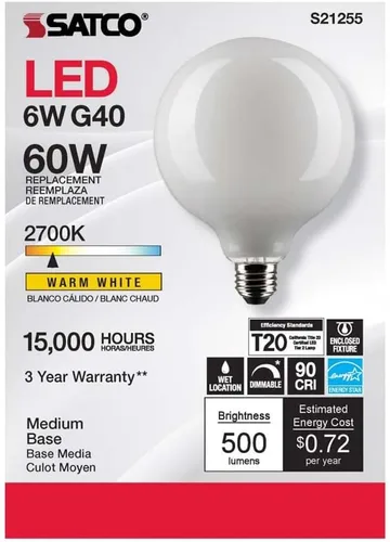 Vista 4 de Satco S21255 - Bombillas LED de 6 W, G40, globo blanco, E26, base media, 2700 K, blanco cálido, regulable, 120 V, (paquete de 6)