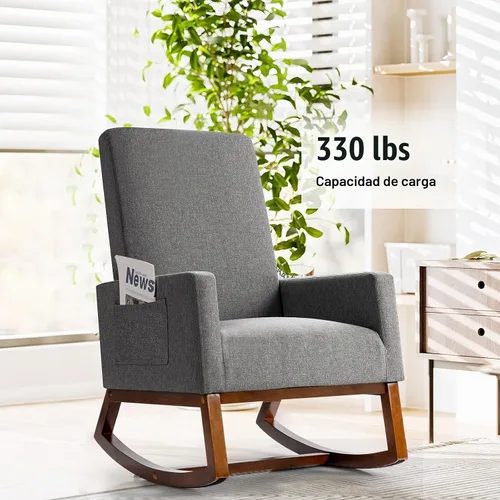 Vista 4 de Giantex Mecedora tapizada, sillón moderno de tela con base de madera, bolsillo lateral, asiento acolchado de lino, silla mecedora con respaldo alto