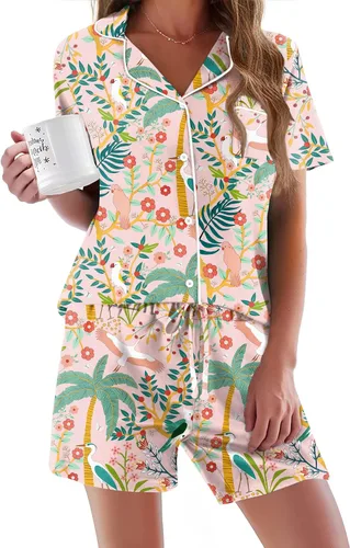 Vista 37 de Ekouaer - Conjunto de pijamas de manga corta para mujer, con botones, suave, 2 piezas, conjuntos de descanso, tallas XS-XXXL Verde Aqua