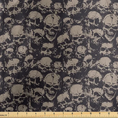 Vista 132 de Ambesonne The Yard, tela de calavera colorida con temática de Halloween, diseño de calavera y huesos cruzados, divertido estampado de dibujos
