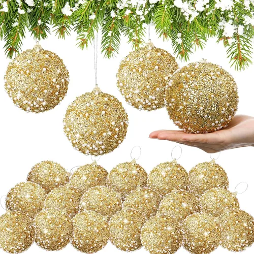 Vista 21 de Lyrow 24 piezas 3.15" Juego de adornos de bola de Navidad con purpurina, bola de espuma con lentejuelas colgante, decorativa, en masa, para árbol