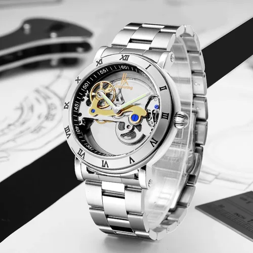 Vista 7 de Gute Relojes para hombre, mecánico automático automático, impermeable, transparente, transparente, transparente, steampunk, números romanos, caja