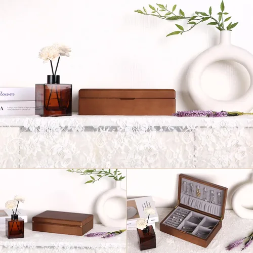 Vista 5 de EURIELK ek005-m-marrón - Joyero de madera maciza para mujer, tamaño mediano, organizador antiguo de madera maciza natural con gran almacenamiento