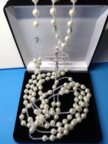 Vista 5 de javier lazo de boda para boda/lazo para matrimonio lazo de perla fina color marfil de 0.472 in y cristal fino cruz de metal Lasso color plata Con