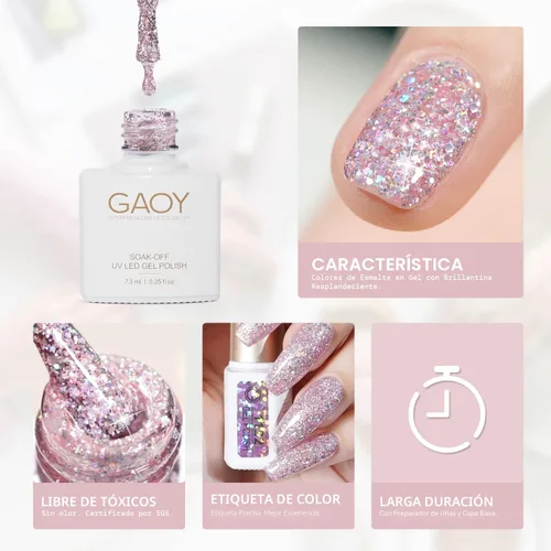 Vista 5 de GAOY Juego de Esmalte de Uñas con Purpurina Cromado Platino, 6 Colores Incluyendo Esmalte en Gel Brillante Resplandeciente UV LED Removible Negro