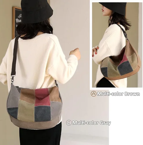 Vista 6 de Canvas Crescent Bag Medium Hobo Crossbody Bags for Women Color Block Purse