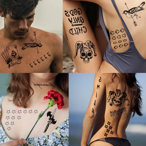 Vista 5 de Tatuajes temporales de Halloween, 4 hojas de tatuajes temporales falsos para hombres y mujeres, perfecto para Halloween, cosplay, disfraces