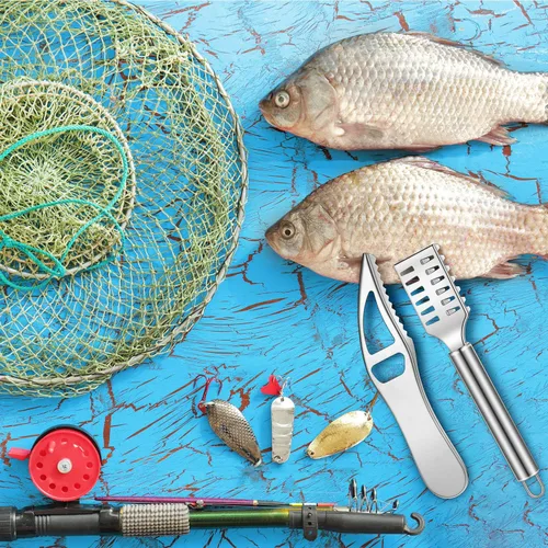 Vista 7 de Honoson 4 unidades de raspador de pescado de acero inoxidable raspador de piel de pescado rallador multifuncional pelador de cocina escalador