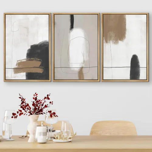 Vista 368 de SIGNFORD - Set de obras de arte en lienzo enmarcado para pared, ilustraciones abstractas de neblina del desierto en tonos neutros beige y marrón