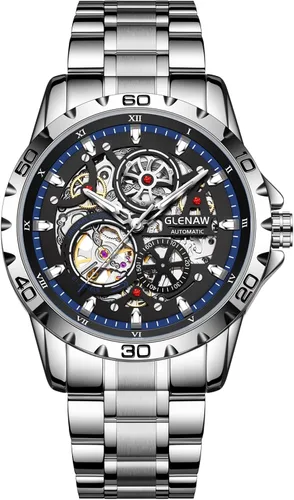 Vista 7 de Relojes automáticos para hombre, cuerda automática mecánica, esfera de esqueleto, resistente al agua a 30 ATM, con correa de acero inoxidable, reloj