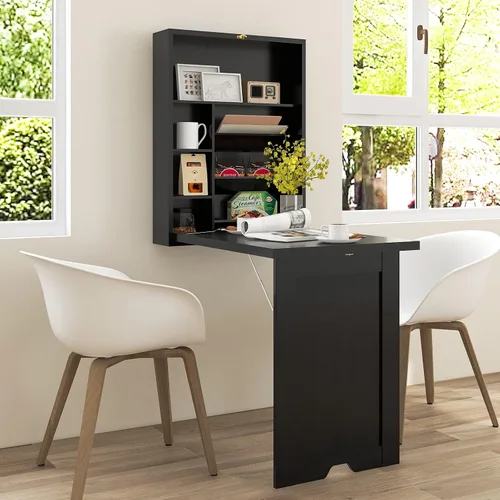 Vista 4 de Escritorio montado en la pared, escritorio flotante plegable de madera, escritorio convertible para computadora con área de almacenamiento, mesa