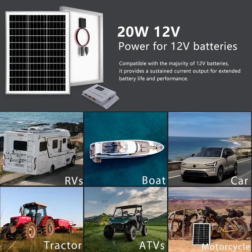 Vista 7 de Kit de panel solar de 20 W, 12 voltios, cargador de batería solar con controlador de carga de 10 A para caravana, barco, automóvil, remolque
