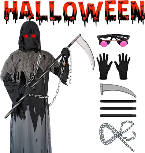Vista 2 de Disfraz unisex de segador de ojos brillantes para disfraz espeluznante de Halloween