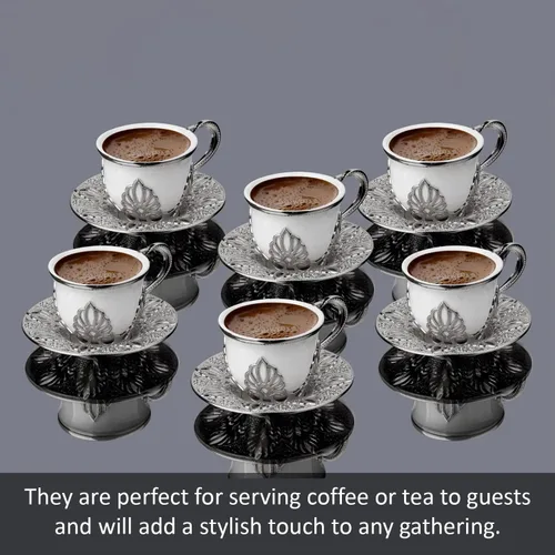 Vista 5 de Juego de 6 tazas de café Lujosas tazas de porcelana hechas a mano de 18 piezas con platillos de metal y portavasos extraíbles Juego de tazas