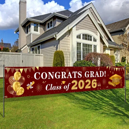 Vista 10 de Decoraciones de graduación 2026 Congrats Grad Class of 2026 - Cartel de graduación negro y dorado para patio, decoraciones colgantes para interiores