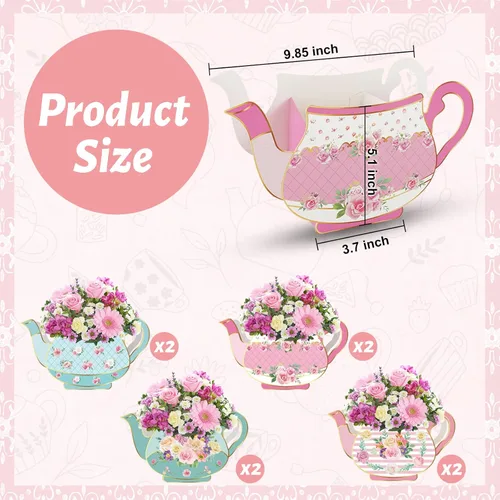 Vista 6 de 8 piezas de decoración de fiesta de té, cajas de centro de mesa de tetera floral para fiesta de cumpleaños de princesa, decoración de mesa temática